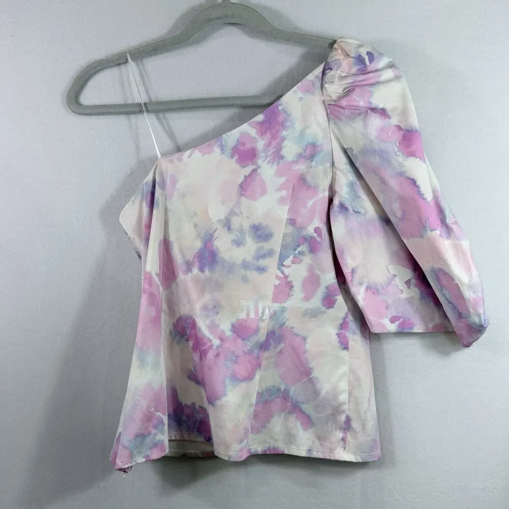 AIIFOS Pink Purple Watercolor One Shoulder Puff 3/4 Sleeve Top Blouse Size XS - Picture 2 of 11